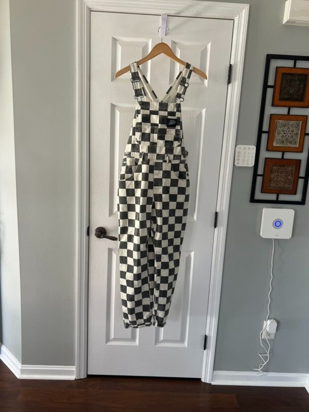 Hell Babes Checkerboard Denim Overalls Black White Size XS Wide Leg Bib